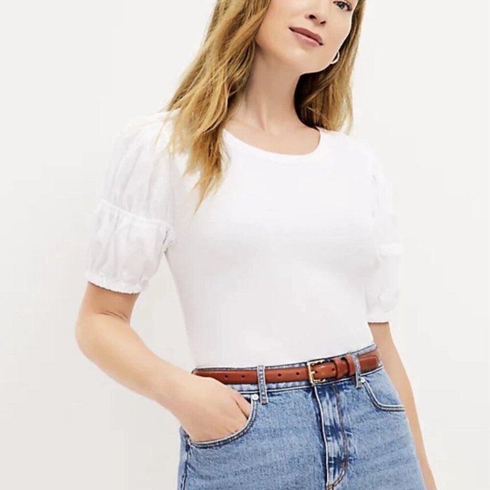 LoftMxed Media Smocked Puff Sleeve Size Petite M White